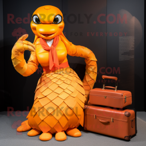 Orange Anaconda mascot costume character dressed with a Pleated Skirt and Briefcases