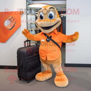 Orange Anaconda mascot costume character dressed with a Pleated Skirt and Briefcases