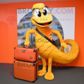 Orange Anaconda mascot costume character dressed with a Pleated Skirt and Briefcases