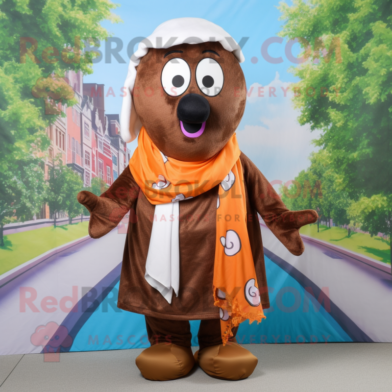 Brown Shakshuka mascot costume character dressed with a Poplin Shirt and Scarf clips Brown Shakshuka mascot costume character dressed with a Poplin Shirt and Scarf clips