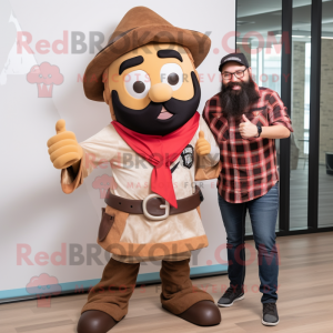 Tan Pirate mascot costume character dressed with a Flannel Shirt and Smartwatches