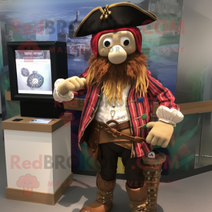 Tan Pirate mascot costume character dressed with a Flannel Shirt and Smartwatches