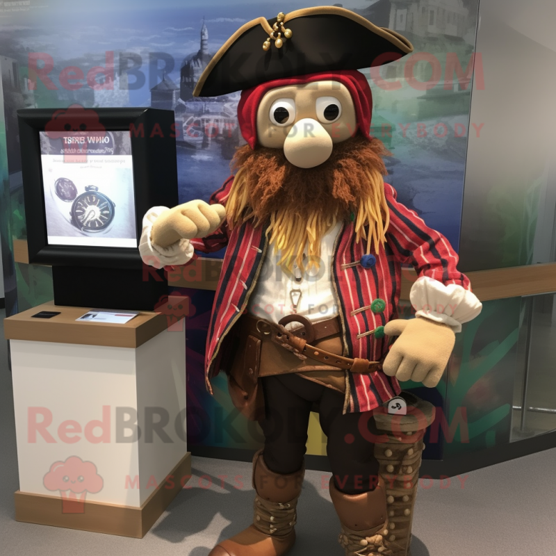 Tan Pirate mascot costume character dressed with a Flannel Shirt and Smartwatches Tan Pirate mascot costume character dressed with a Flannel Shirt and Smartwatches