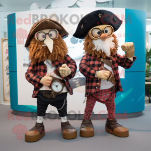 Tan Pirate mascot costume character dressed with a Flannel Shirt and Smartwatches