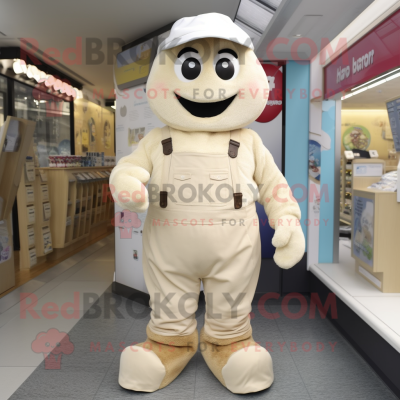 Beige Ice Cream mascot costume character dressed with a Dungarees and Foot pads Beige Ice Cream mascot costume character dressed with a Dungarees and Foot pads