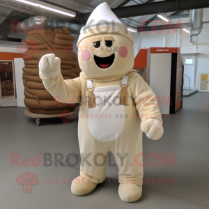 Beige Ice Cream mascot costume character dressed with a Dungarees and Foot pads