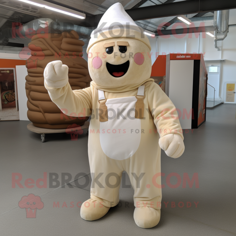 Beige Ice Cream mascot costume character dressed with a Dungarees and Foot pads Beige Ice Cream mascot costume character dressed with a Dungarees and Foot pads
