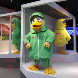 Olive Chicken mascot costume character dressed with a Windbreaker and Clutch bags