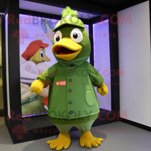Olive Chicken mascot costume character dressed with a Windbreaker and Clutch bags