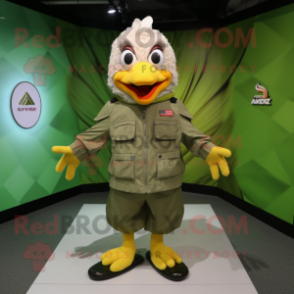 Olive Chicken mascot costume character dressed with a Windbreaker and Clutch bags