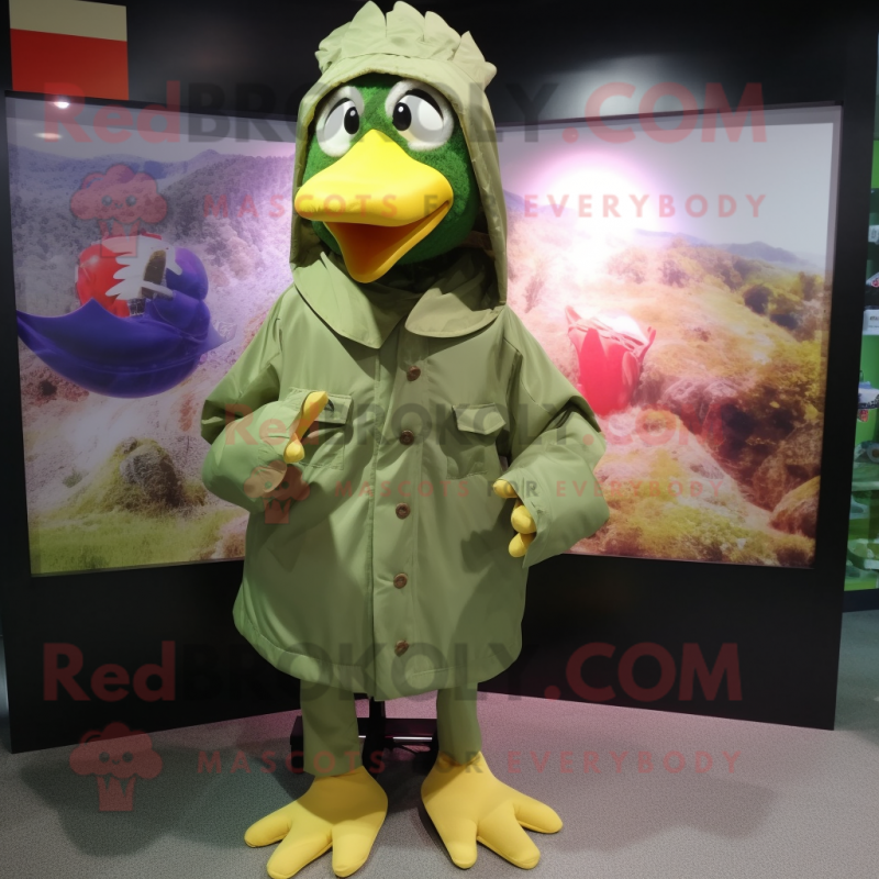 Olive Chicken mascot costume character dressed with a Windbreaker and Clutch bags Olive Chicken mascot costume character dressed with a Windbreaker and Clutch bags