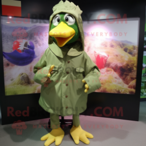 Olive Chicken mascot costume character dressed with a Windbreaker and Clutch bags