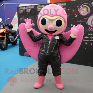 Pink Juggle mascot costume character dressed with a Leather Jacket and Scarf clips