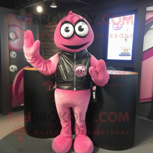 Pink Juggle mascot costume character dressed with a Leather Jacket and Scarf clips