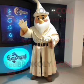 Cream Wizard mascot costume character dressed with a Jacket and Rings