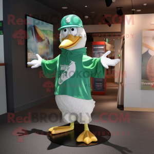 Green Seagull mascot costume character dressed with a T-Shirt and Caps