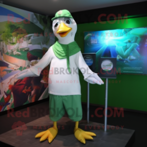 Green Seagull mascot costume character dressed with a T-Shirt and Caps