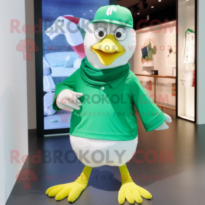 Green Seagull mascot costume character dressed with a T-Shirt and Caps