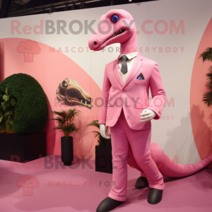 Pink Diplodocus mascot costume character dressed with a Suit Jacket and Lapel pins