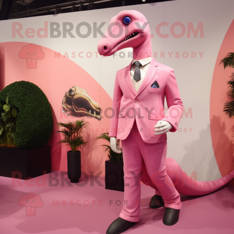 Pink Diplodocus mascot costume character dressed with a Suit Jacket and Lapel pins