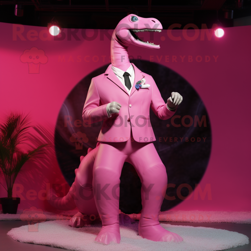 Pink Diplodocus mascot costume character dressed with a Suit Jacket and Lapel pins