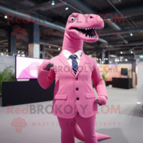 Pink Diplodocus mascot costume character dressed with a Suit Jacket and Lapel pins