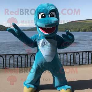 Teal Loch Ness Monster mascot costume character dressed with a Chambray Shirt and Gloves