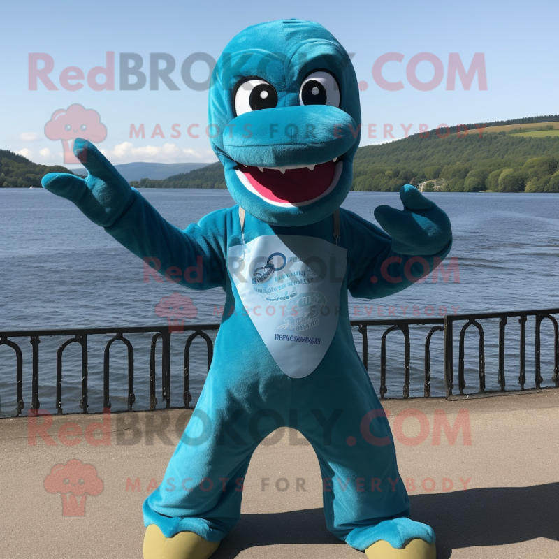 Teal Loch Ness Monster mascot costume character dressed with a Chambray Shirt and Gloves