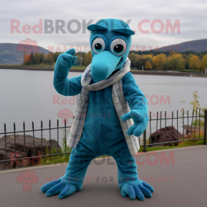 Teal Loch Ness Monster mascot costume character dressed with a Chambray Shirt and Gloves