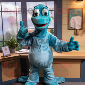 Teal Loch Ness Monster mascot costume character dressed with a Chambray Shirt and Gloves