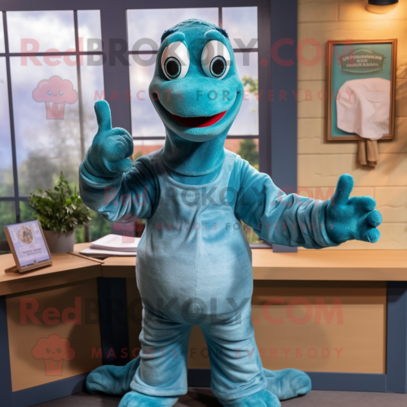 Teal Loch Ness Monster mascot costume character dressed with a Chambray ...