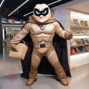 Tan Superhero mascot costume character dressed with a Leather Jacket and Handbags