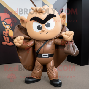 Tan Superhero mascot costume character dressed with a Leather Jacket and Handbags