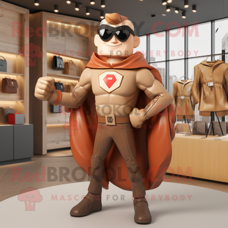 Tan Superhero mascot costume character dressed with a Leather Jacket and Handbags