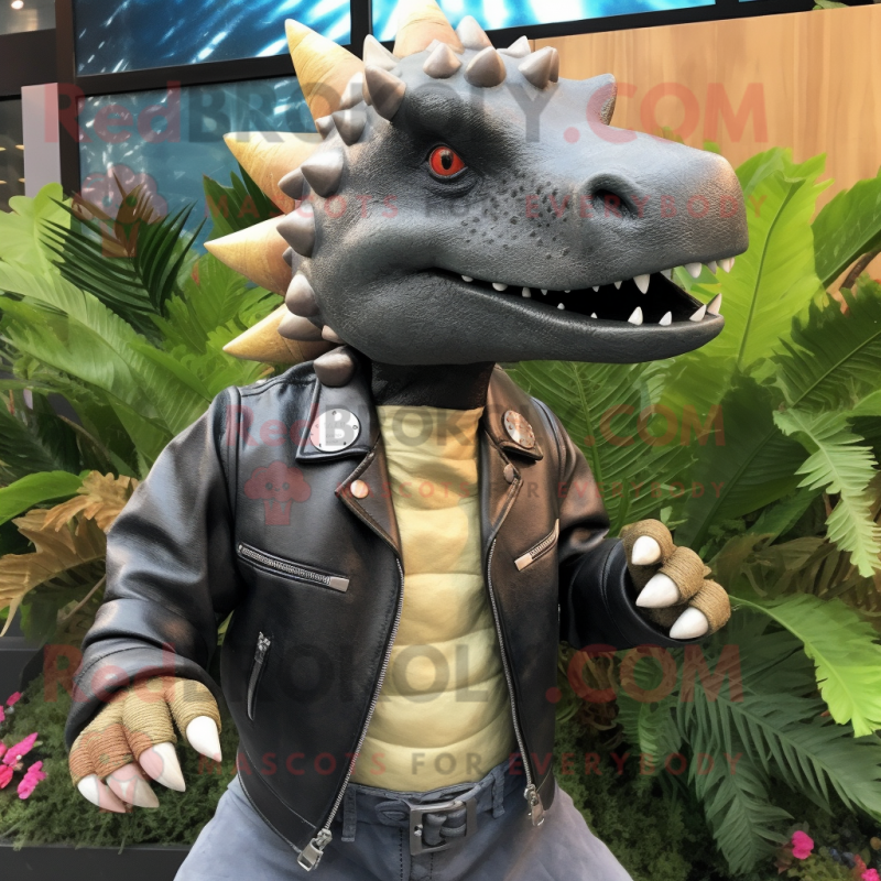 nan Stegosaurus mascot costume character dressed with a Leather Jacket and Earrings nan Stegosaurus mascot costume character dressed with a Leather Jacket and Earrings