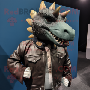 nan Stegosaurus mascot costume character dressed with a Leather Jacket and Earrings
