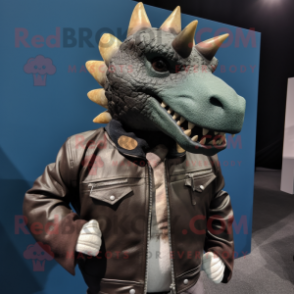 nan Stegosaurus mascot costume character dressed with a Leather Jacket and Earrings
