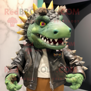 nan Stegosaurus mascot costume character dressed with a Leather Jacket and Earrings