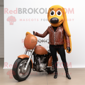 Brown Hot Dog mascot costume character dressed with a Biker Jacket and Anklets