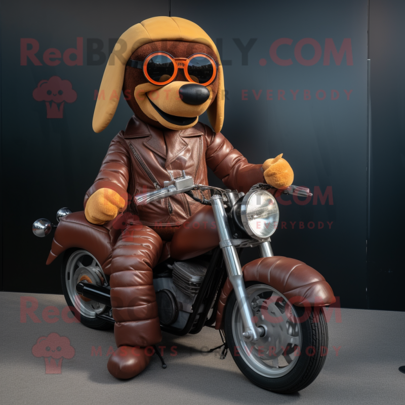 Brown Hot Dog mascot costume character dressed with a Biker Jacket and Anklets Brown Hot Dog mascot costume character dressed with a Biker Jacket and Anklets