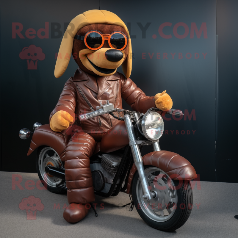 Brown Hot Dog mascot costume character dressed with a Biker Jacket and Anklets