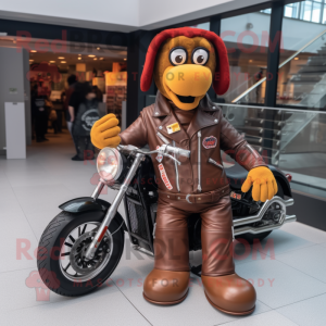 Brown Hot Dog mascot costume character dressed with a Biker Jacket and Anklets