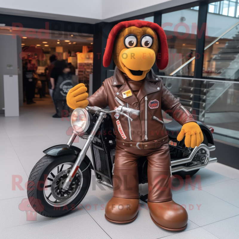 Brown Hot Dog mascot costume character dressed with a Biker Jacket and Anklets Brown Hot Dog mascot costume character dressed with a Biker Jacket and Anklets