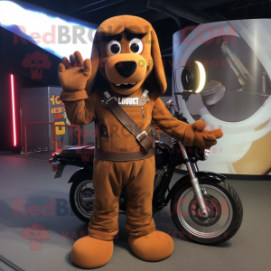 Brown Hot Dog mascot costume character dressed with a Biker Jacket and Anklets