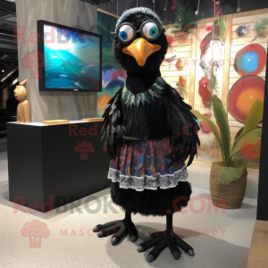 Black Dodo Bird mascot costume character dressed with a Maxi Dress and Eyeglasses