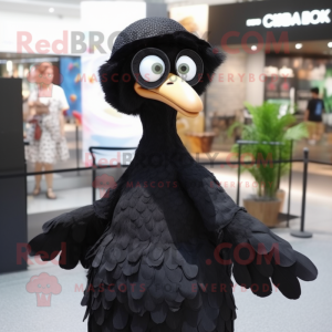 Black Dodo Bird mascot costume character dressed with a Maxi Dress and Eyeglasses
