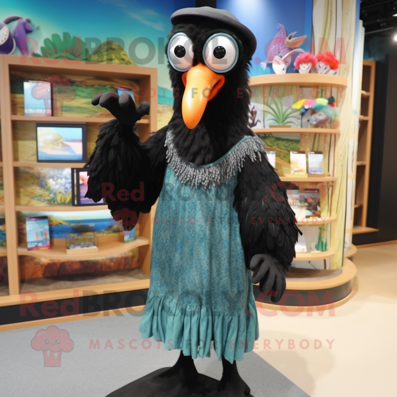 Black Dodo Bird mascot costume character dressed with a Maxi Dress and Eyeglasses Black Dodo Bird mascot costume character dressed with a Maxi Dress and Eyeglasses