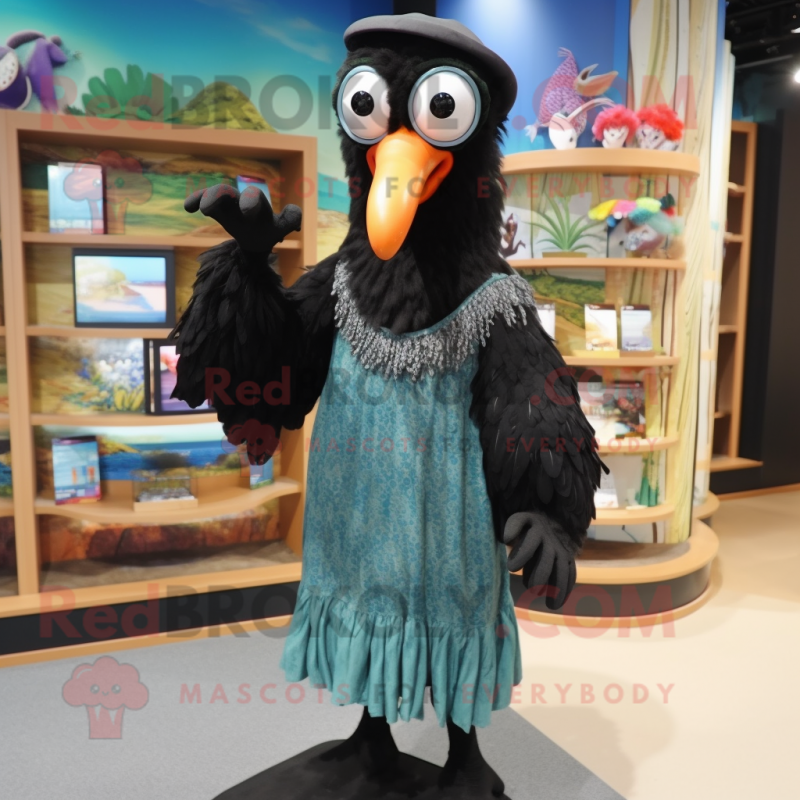 Black Dodo Bird mascot costume character dressed with a Maxi Dress and Eyeglasses