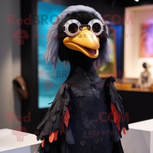 Black Dodo Bird mascot costume character dressed with a Maxi Dress and Eyeglasses