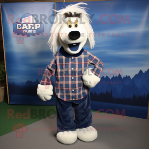 Navy Shepard'S Pie mascot costume character dressed with a Flannel Shirt and Tie pins